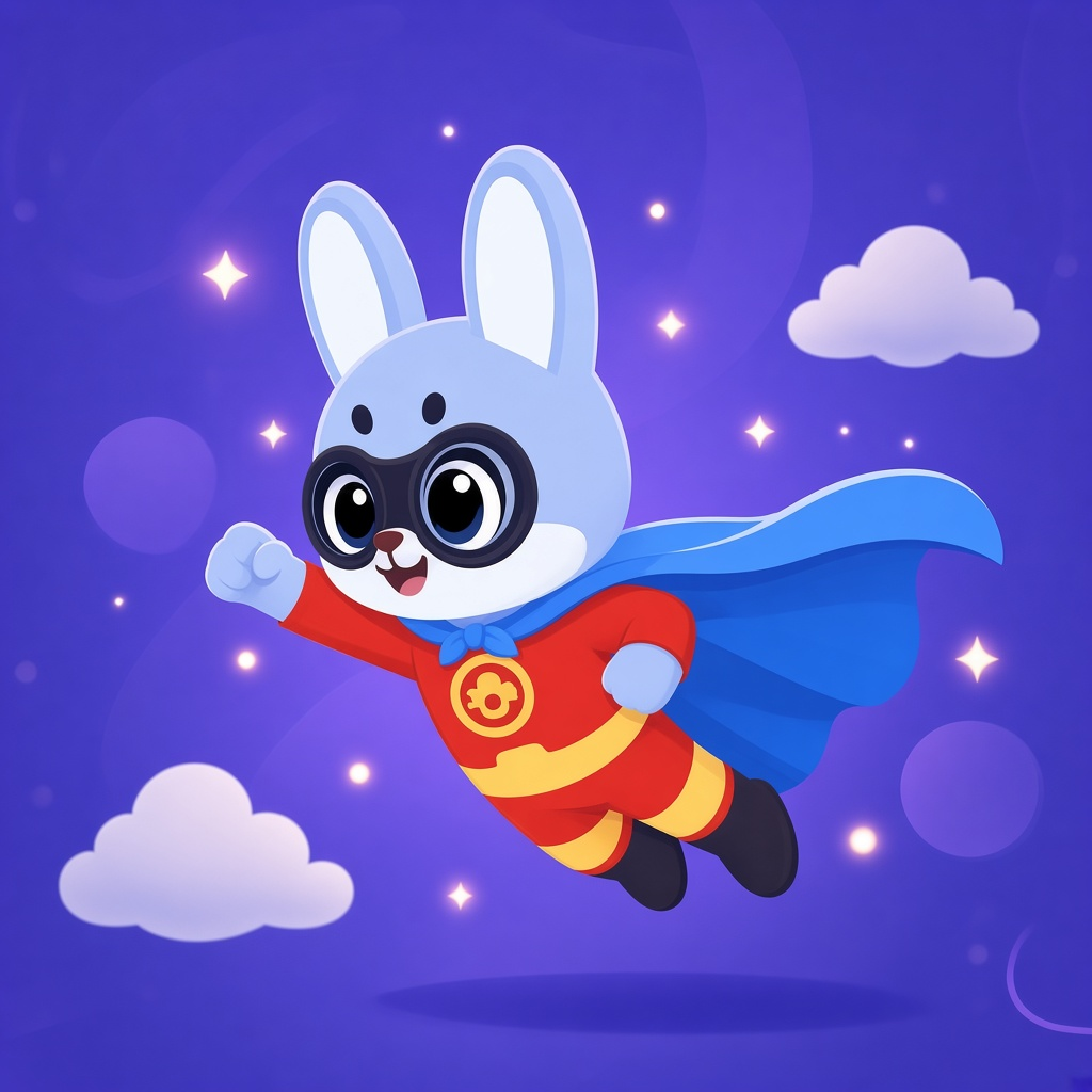 Giggle Hero, the caped bunny, flying through the sky