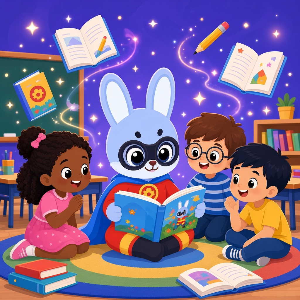 Giggle Hero reading a storybook to children in a classroom