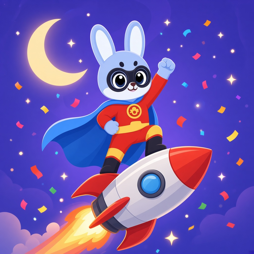 Giggle Hero riding a rocket