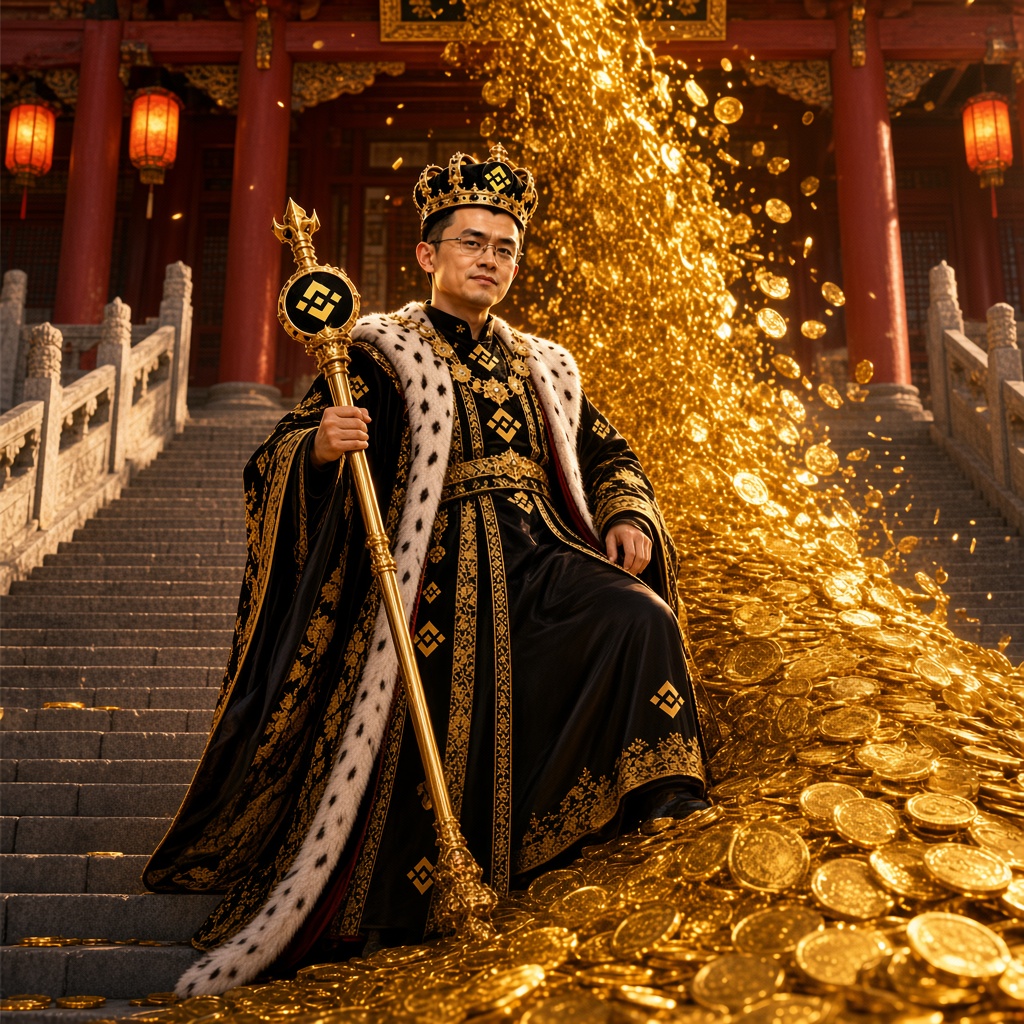 币安皇帝 on palace steps as gold coins pour down