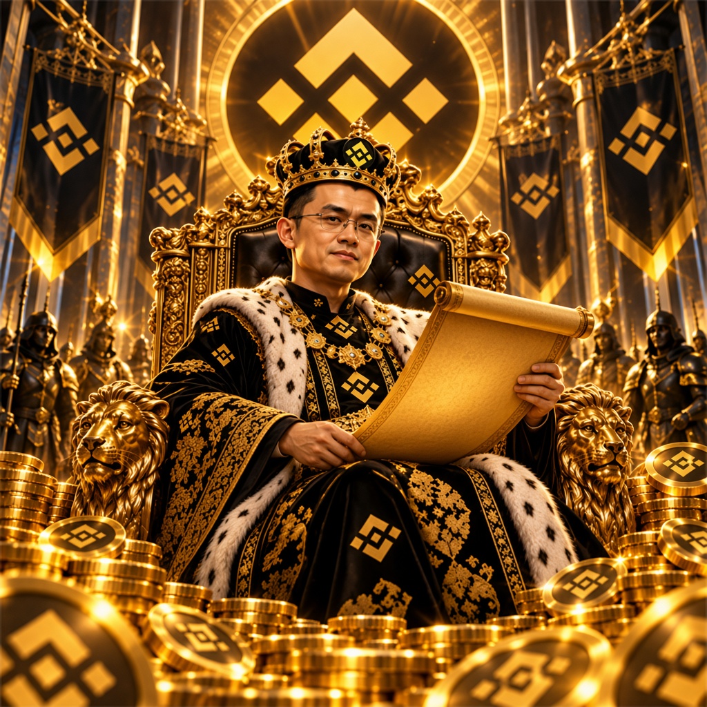 币安皇帝 reading a golden scroll from the throne